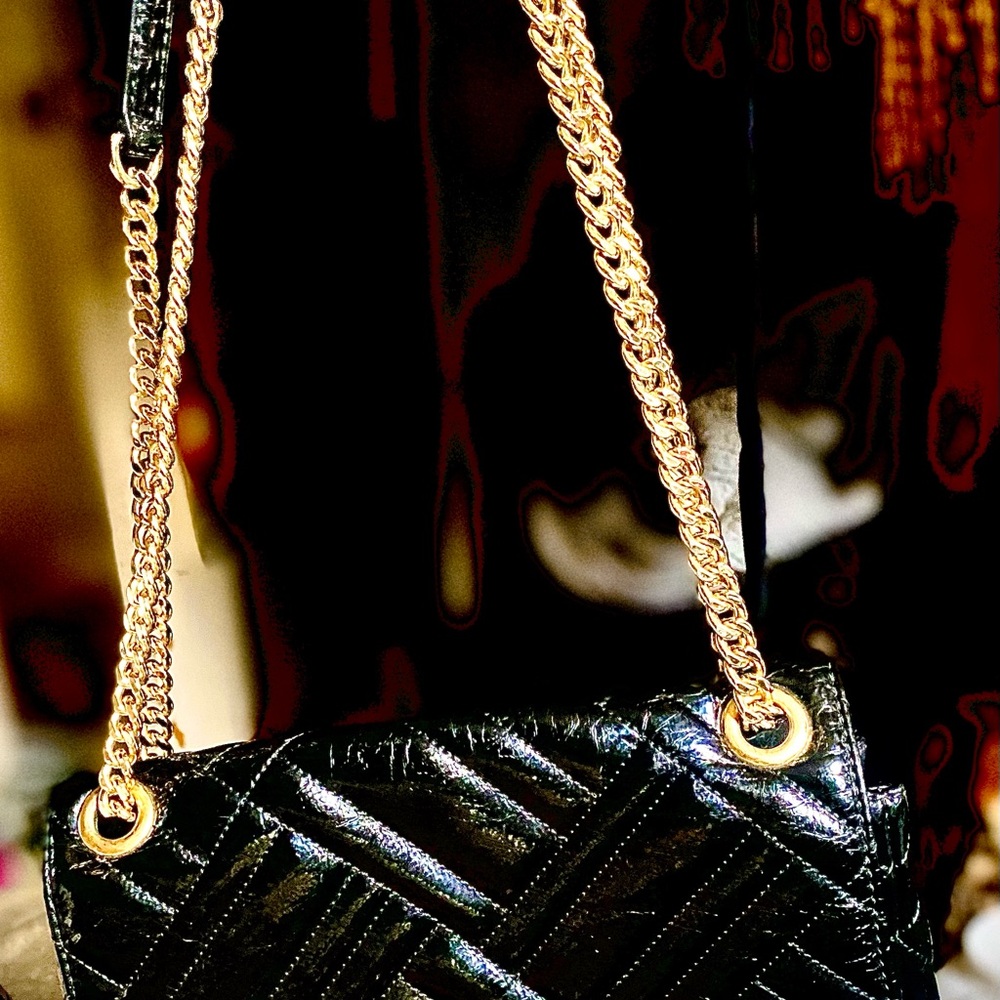 Black and Gold Quilted Shoulder Bag with Chain